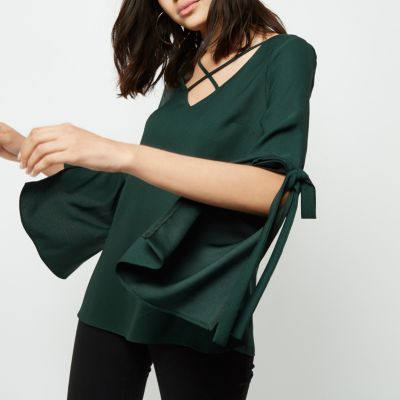 Dark green cross front split sleeve blouse